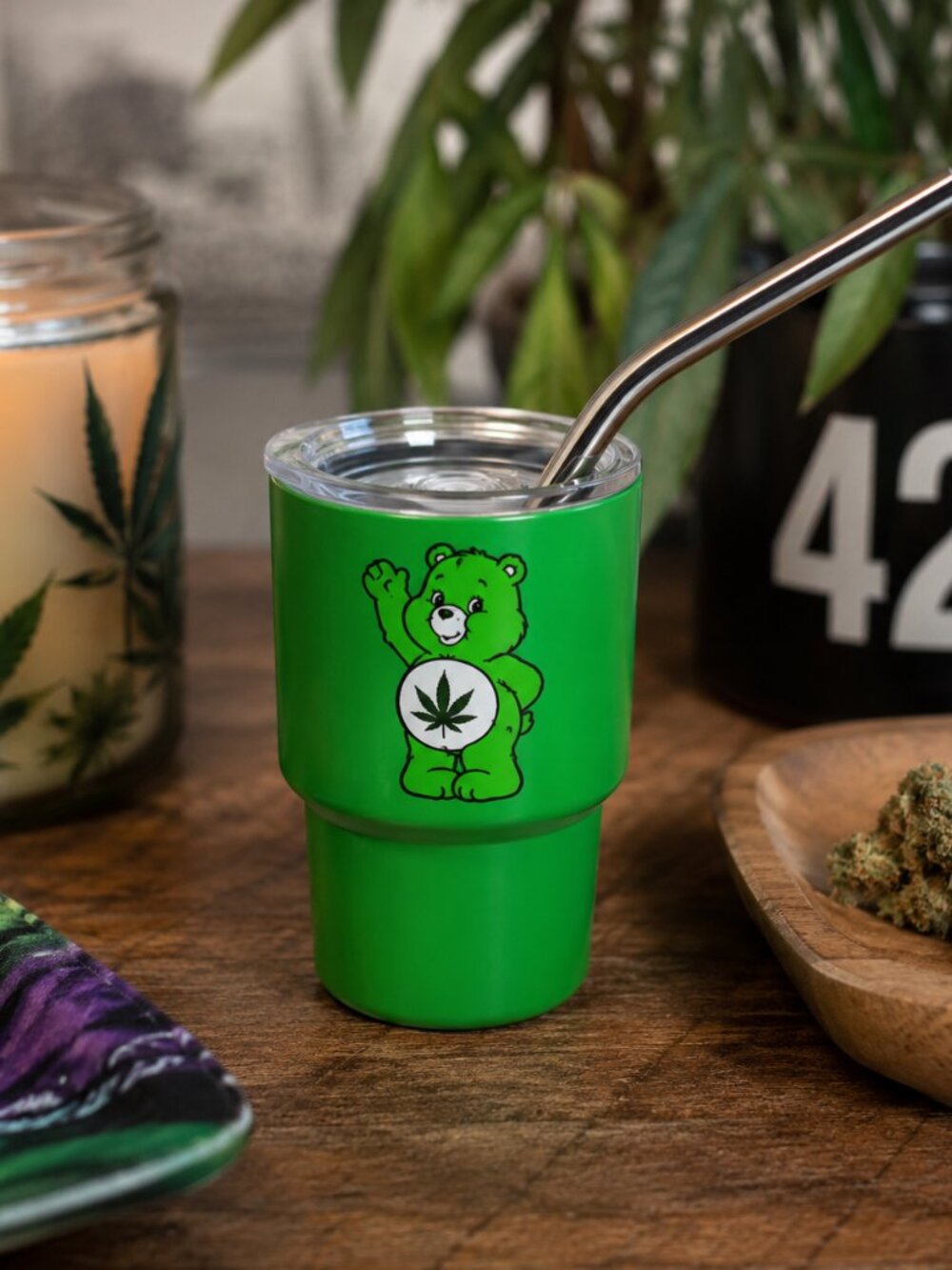 Mini Green Bear Pot Leaf  Cup w/ Lid & Metal Straw 3" Novelty 420